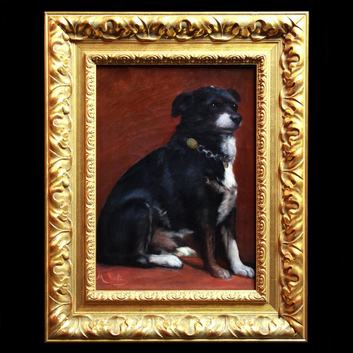 Portrait of a dog with collar oil on canvas 19th French