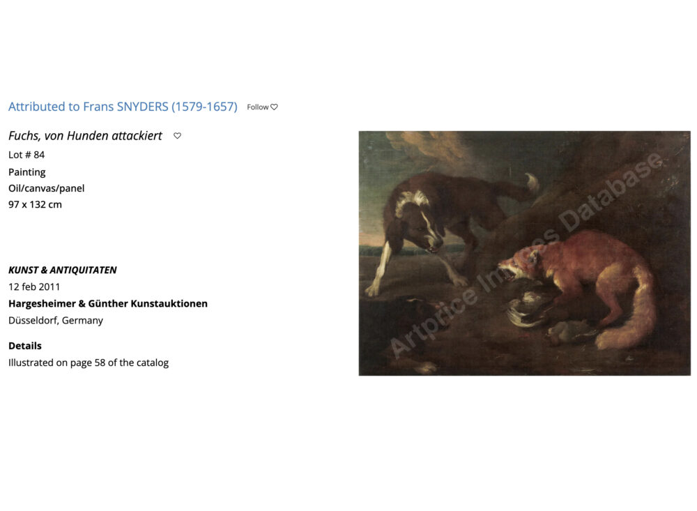 Fox attacked by two hunting dogs , oil on canvas Attr. Frans Snyders