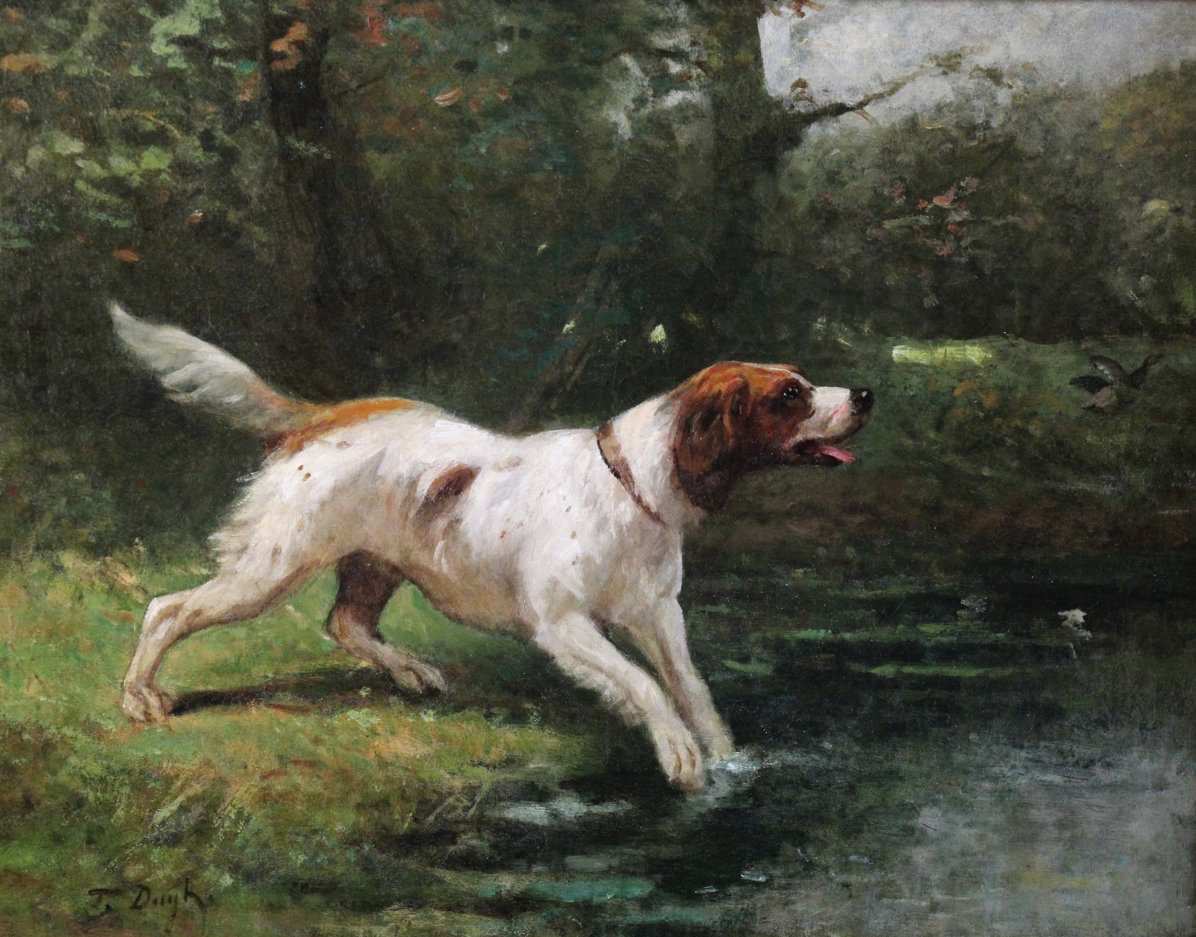 Large antique oil on canvas ,spaniel hunting dog 19th Monarts Gallery