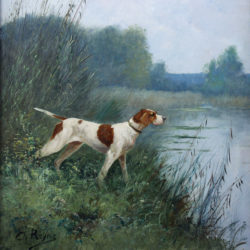 Antique oil painting, hunting dog