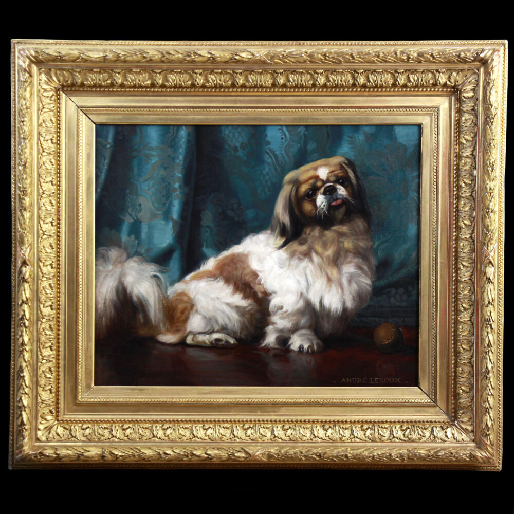 Antique oil on canvas portrait of a Pekingese Dog