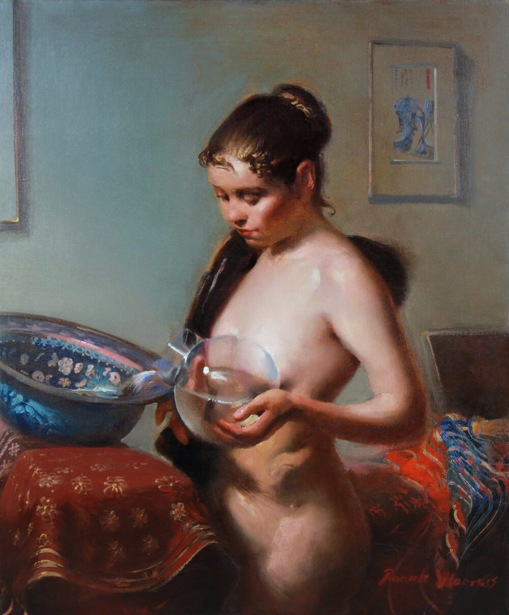 Young standing nude at the washbasin