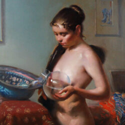 Young standing nude at the washbasin