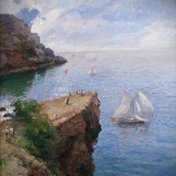 Mediterranean View With Sailboat And Cliffs