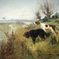 Hunting Dogs Pointers French oil painting on canvas 19Th by F.E. Martinez