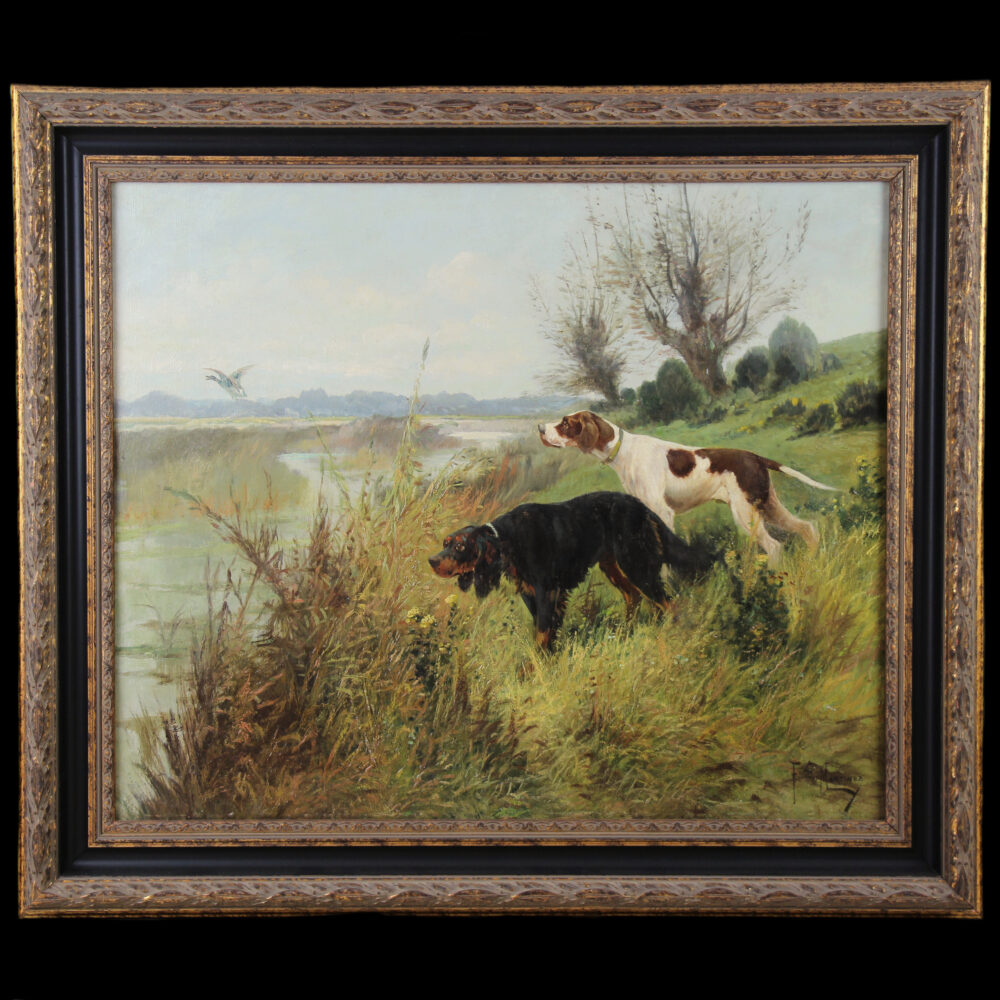 Hunting Dogs Pointers French oil painting on canvas 19Th by F.E. Martinez