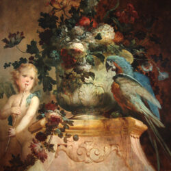 still life with flowers Putti and parrot Vittorio Amedeo Rapous