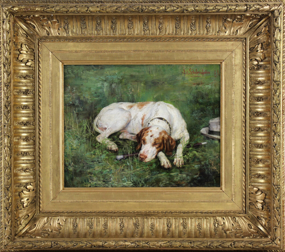 Resting Dog in a landscape " the fidelity " Swedish oil painting on panel by Ida Von Schulzenheim